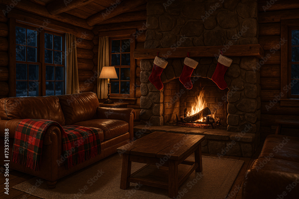 Fototapeta premium Rustic log cabin living room with leather sofa, warm fire, stone fireplace, and Christmas stockings hanging above 