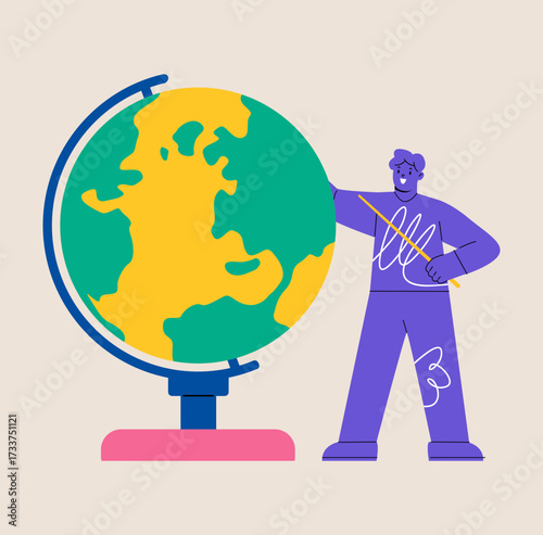 Man standing next to globe colored. Colorful vector illustration