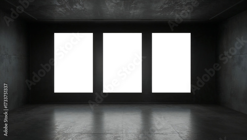 Three large vertical mockup screens side-by-side in a minimalist each with a blank white background for advertisements highlighting contemporary architecture design for product launches or exhibition.