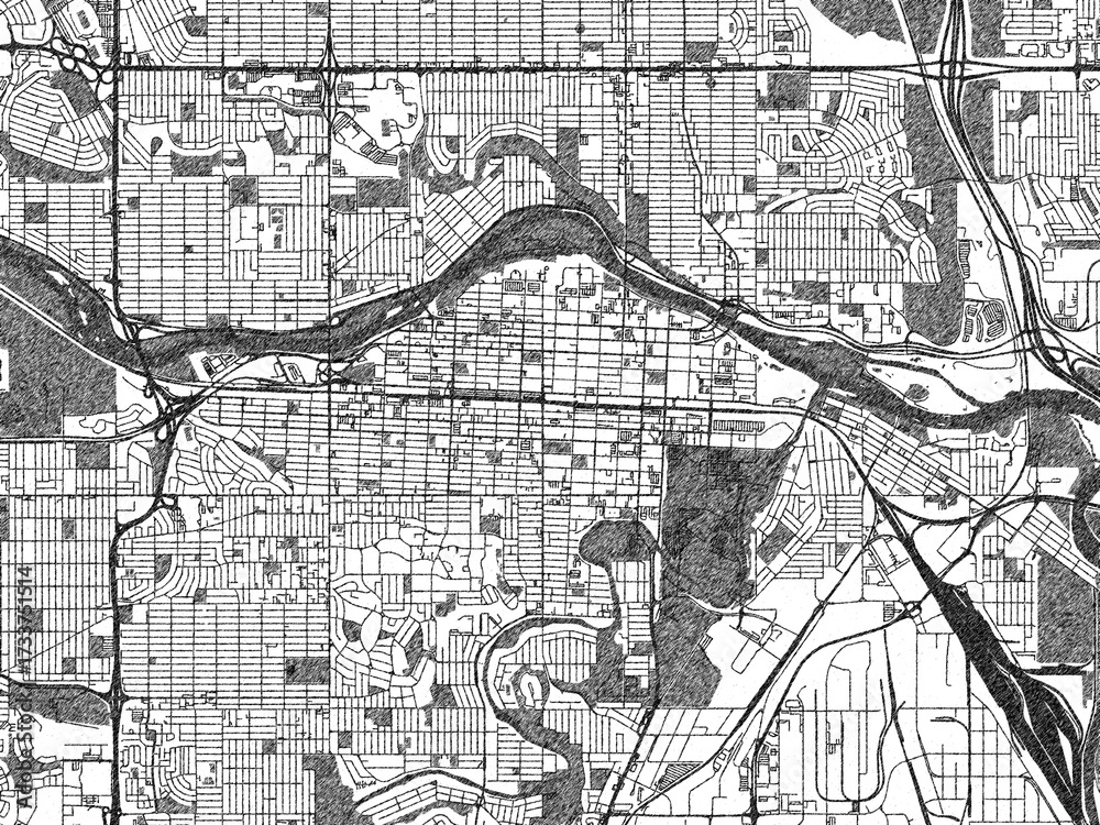 Naklejka premium Poster-ready black and white illustration map of Calgary center, Alberta, detailed and artistic.