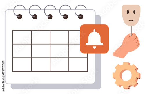 Calendar with bell icon, hand holding mask, and gear symbolizing scheduling, reminders, and emotional or social planning. Ideal for time management, emotions, productivity, planning organization