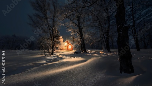 Illuminated cabin in snowy winter forest at dusk - cozy retreat nestled among snow covered trees in serene landscape
