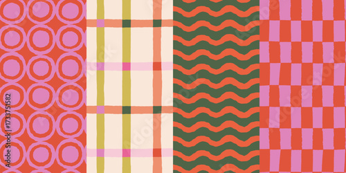 Vector set of seamless patterns – abstract hand-drawn quirky doodles, striped, plaid, and checkered designs – festive, party, and Christmas decorative wrapping paper and textile backgrounds