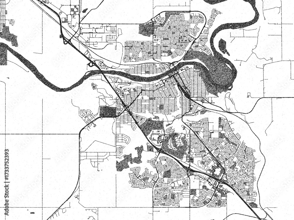 Obraz premium Monochrome hand-drawn map of Medicine Hat, Alberta, ideal for decorative and editorial use.