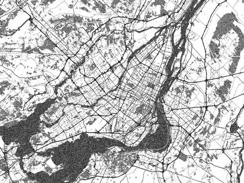 Detailed black and white map of Montreal, Quebec, in artistic sketch style.