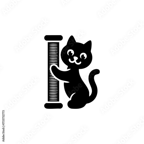 Smiling cat hugging a scratching post, conveying pet care, claw health, indoor enrichment and furniture protection.