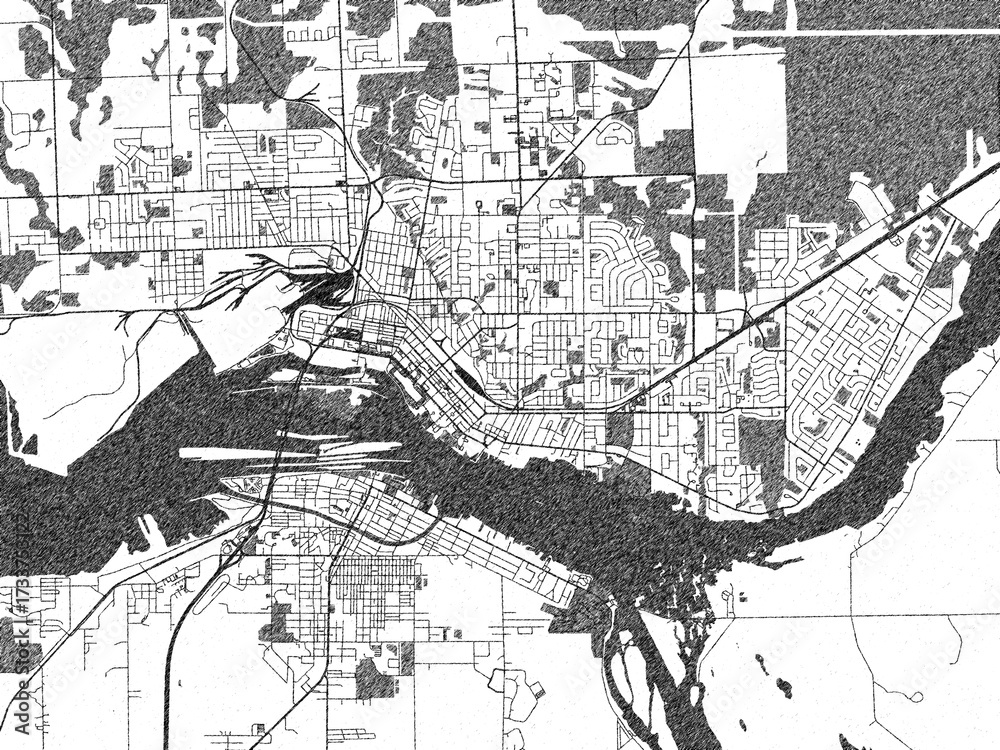 Naklejka premium Stylized black and white urban map of Sault Ste. Marie, Ontario, hand-drawn for decor and creative use.