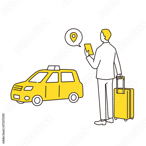 スマホでタクシーを呼ぶビジネスマンの線画イラスト