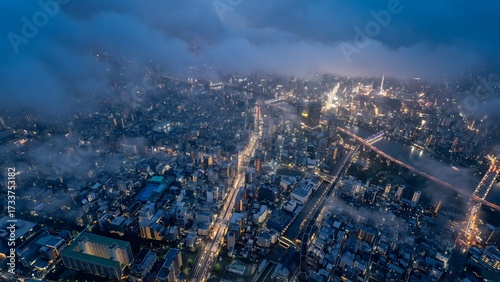 Aerial view of illuminated Tokyo cityscape at dusk with dramatic clouds stretching across urban streets