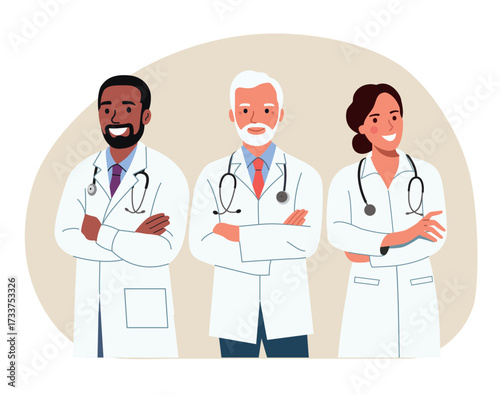 Doctors men and woman crossed their arms isolated. Vector flat style cartoon illustration