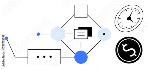 Geometric elements, lines, and icons represent interconnected steps of workflow process linking time and cost. Ideal for productivity, innovation, finance, time management, planning, efficiency