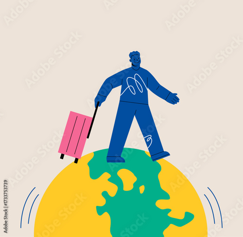 Man with suitcase walking around the world. Colorful vector illustration