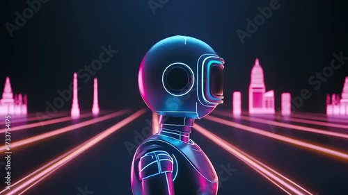 Retro futuristic robot walking in virtual reality world with neon lights and cyberpunk cityscape