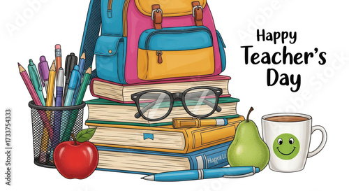 Happy teachers day illustration with books, backpack, apple, pear, glasses, pens, and coffee mug isolated on transparent background
