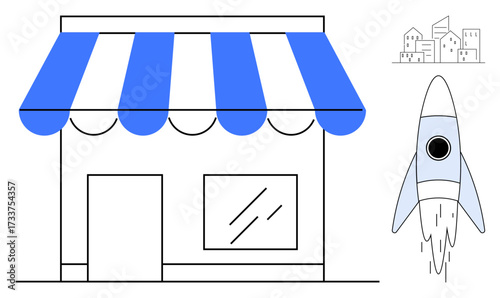 Storefront with striped awning, rocket launching nearby, and cityscape outline. Ideal for startup success, entrepreneurship, growth strategy, innovation, business development, expansion simple flat