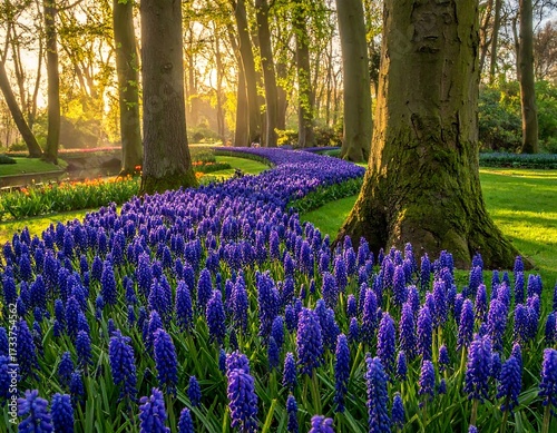 Sunlight streams through a forest, illuminating a vibrant carpet of purple hyacinths