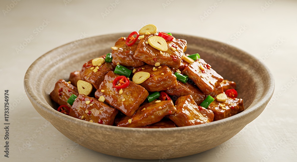 Fototapeta premium Delicious fried tofu dish in ceramic bowl culinary cuisine concept