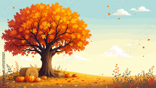 Vibrant Autumn Landscape with a Majestic Maple Tree, Pumpkins, and Hay Bales Under a Cloudy Sky