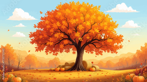 Vibrant Autumn Scene with a Majestic Maple Tree in Full Fall Foliage Surrounded by Hay Bales and Pumpkins