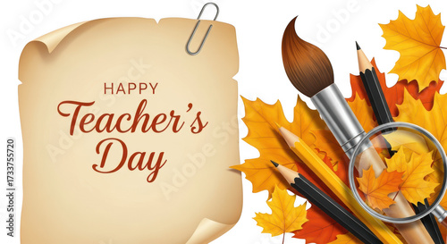 Happy teachers day message on parchment with art supplies, autumn leaves, and a magnifying glass, isolated on transparent background