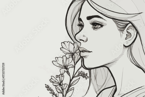 Young woman drawing smelling flowers with delicate features  