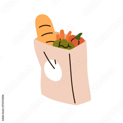 Grocery in shopping paper bag. Sack full of fresh vegetables, loaf of bread, baguette. Healthy organic natural produce, food products. Flat graphic vector illustration isolated on white background