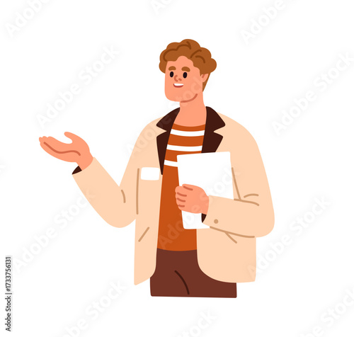 Man speaking, holding paper documents. Smiling male employee gesturing with hand, showing and presenting. Business person explaining, talking. Flat vector illustration isolated on white background