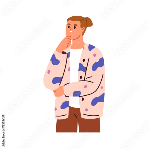 Thoughtful man with confused worried pensive face expression. Uncertain male doubting, pondering, puzzled doubtful emotion, hesitation, thinking. Flat vector illustration isolated on white background