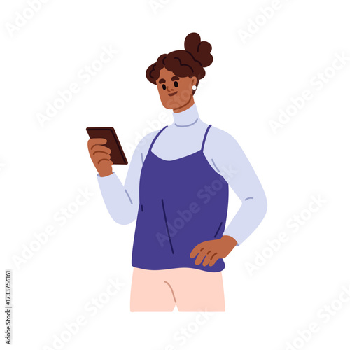 Woman holding smartphone in hand. Smiling female looking at mobile phone scre...