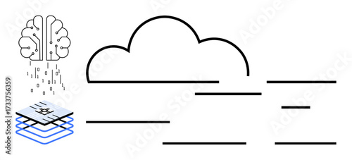 Cloud structure linked to AI brain and layered stack representing data processing and integration. Ideal for technology, AI, cloud services, innovation, data, digital transformation, simple flat