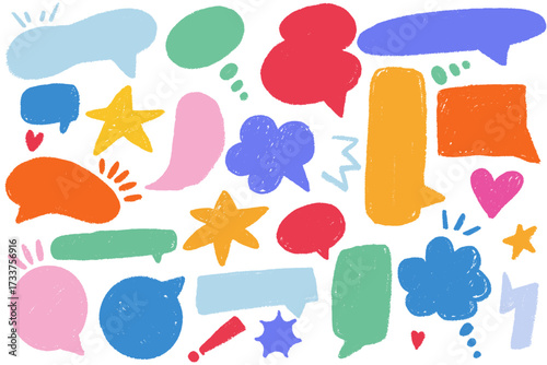 Crayon Speech Bubble Frame. Crayon text box set with colorful hand drawn speech bubbles, stars, hearts and doodles. Elements for chat, communication, stickers and creative design.