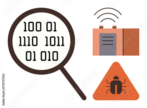 Magnifying glass focused on binary code fragments, router emitting signals, and bug warning triangle. Ideal for cybersecurity, software testing, debugging, programming, network safety, malware