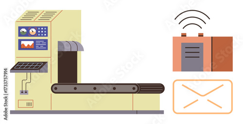 Industrial conveyor belt, control terminal with display, wireless scanner, and envelope. Ideal for automation, logistics, technology, manufacturing innovation communication process flow. Simple