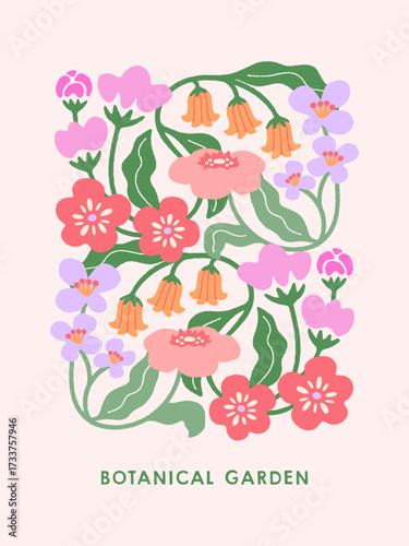Modern colorful botanical floral artwork for decorative design, posters, greeting cards, and art prints