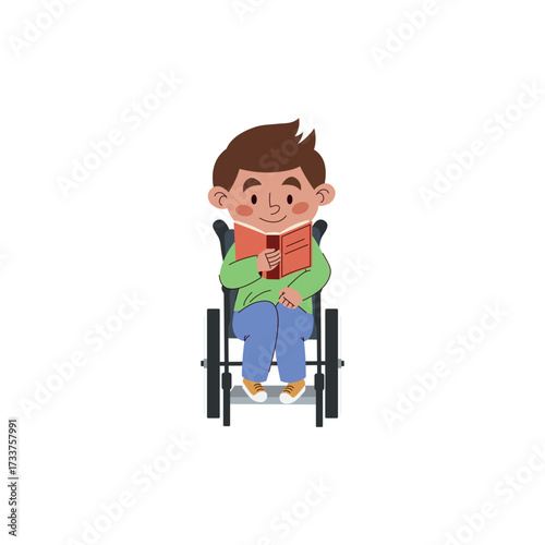 A boy with disabilities enjoys reading a book. Children's hobbies, curiosity, and discoveries in science and literature. Vector illustration of a cartoon character striving for knowledge.