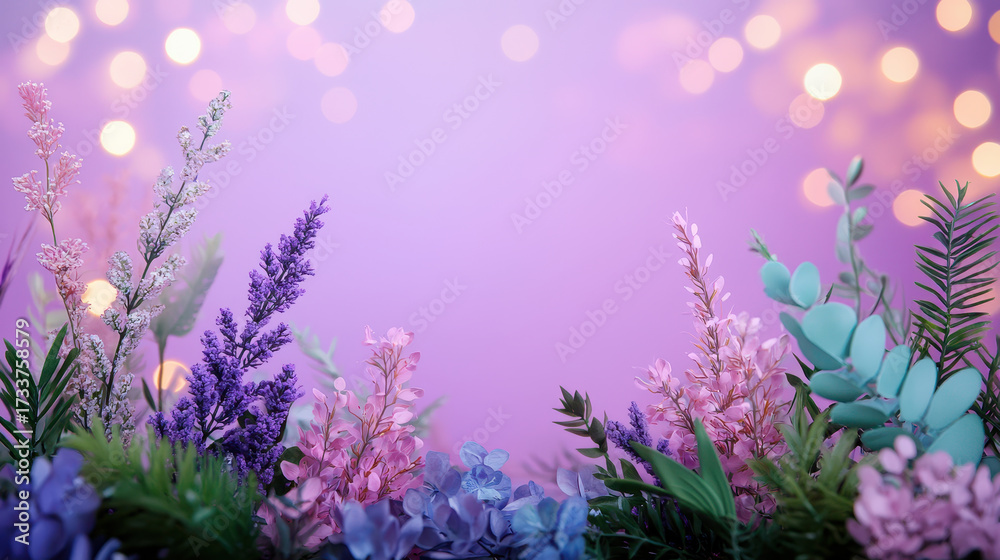 Naklejka premium Soft lavender flowers with greenery create serene atmosphere, perfect for backgrounds or decorations