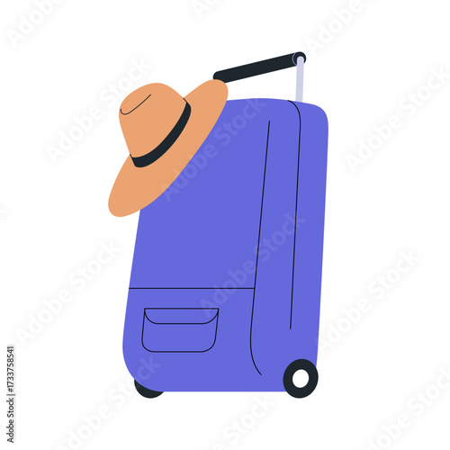 Suitcase and beach hat for summer vacation travel. Luggage, wheel bag. Baggage packed for holiday, airplane journey, airport trip, tour. Flat vector illustration isolated on white background