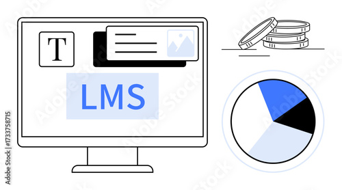 Computer monitor displaying LMS interface with text and image elements, pie chart showing data distribution, and coins representing financial growth. Ideal for education, training, analytics