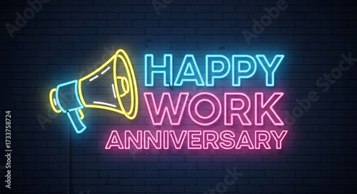 Neon Sign happy work anniversary with brick wall background, wallpaper

