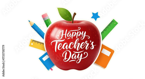 A bright red apple with happy teachers day text surrounded by school supplies like pencils, rulers, and books, isolated on transparent background