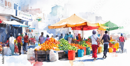 Vibrant watercolor depiction of bustling market scene featuring colorful fruit stalls under large umbrellas. atmosphere is lively and inviting