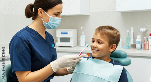 Female dental hygienist wearing scrubs is smiling while assisting a young boy with a toothbrush in a modern dental clinic, showcasing a positive dental care experience