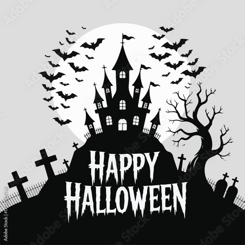 Haunted House Silhouette Against a Full Moon Vector Illustration