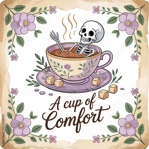 skeleton soaking in teacup, a cup of comfort concept, floral border, cozy warm beverage, cute vintage vector