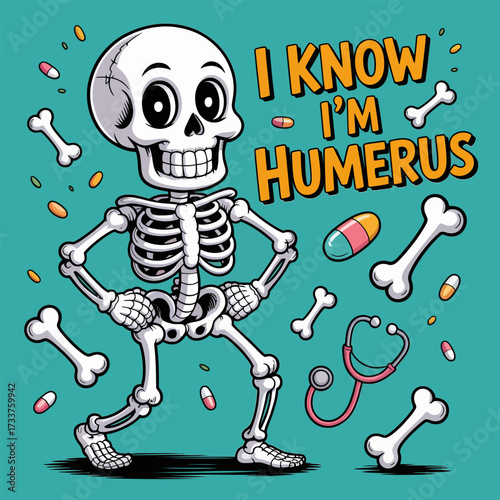 funny skeleton with scattered bones, i know i am humerus joke, teal background, quirky medical humor vector