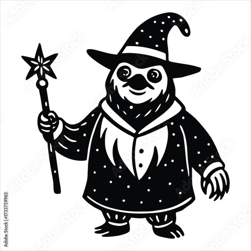 Sloth dressed as a wizard with magic wand and hat
