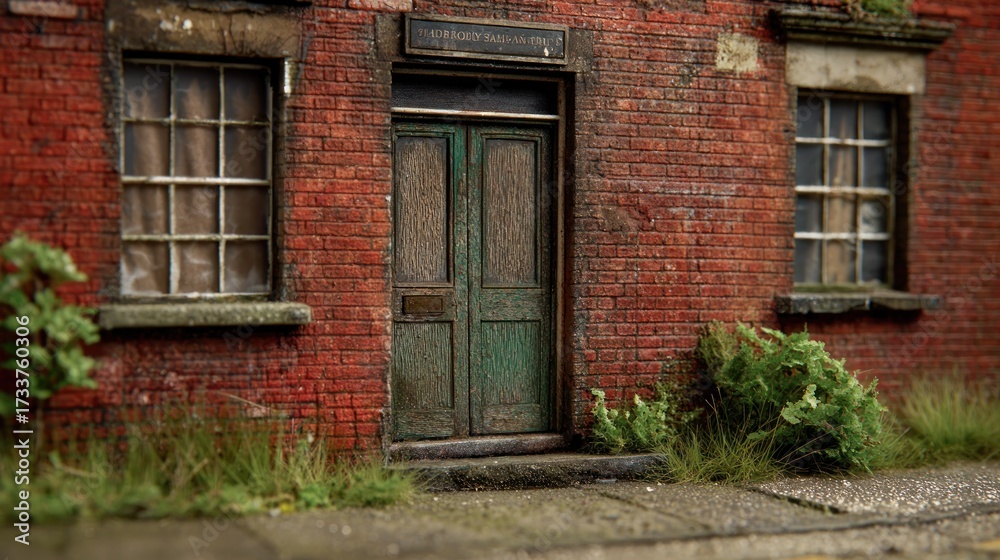 Fototapeta premium Weathered brick facade with overgrown front