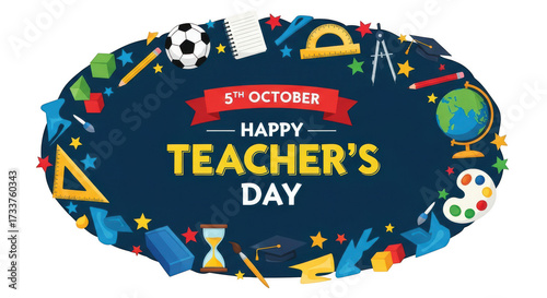 Happy teachers day on october 5th with various school supplies and educational elements arranged in an oval shape isolated on transparent background