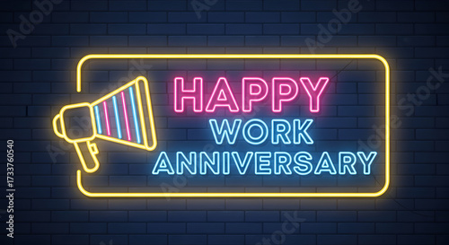 Neon Sign happy work anniversary with brick wall background, wallpaper

