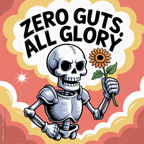 armored skeleton with flower, zero guts all glory message, heroic comic style, radiant starburst background, uplifting vector
